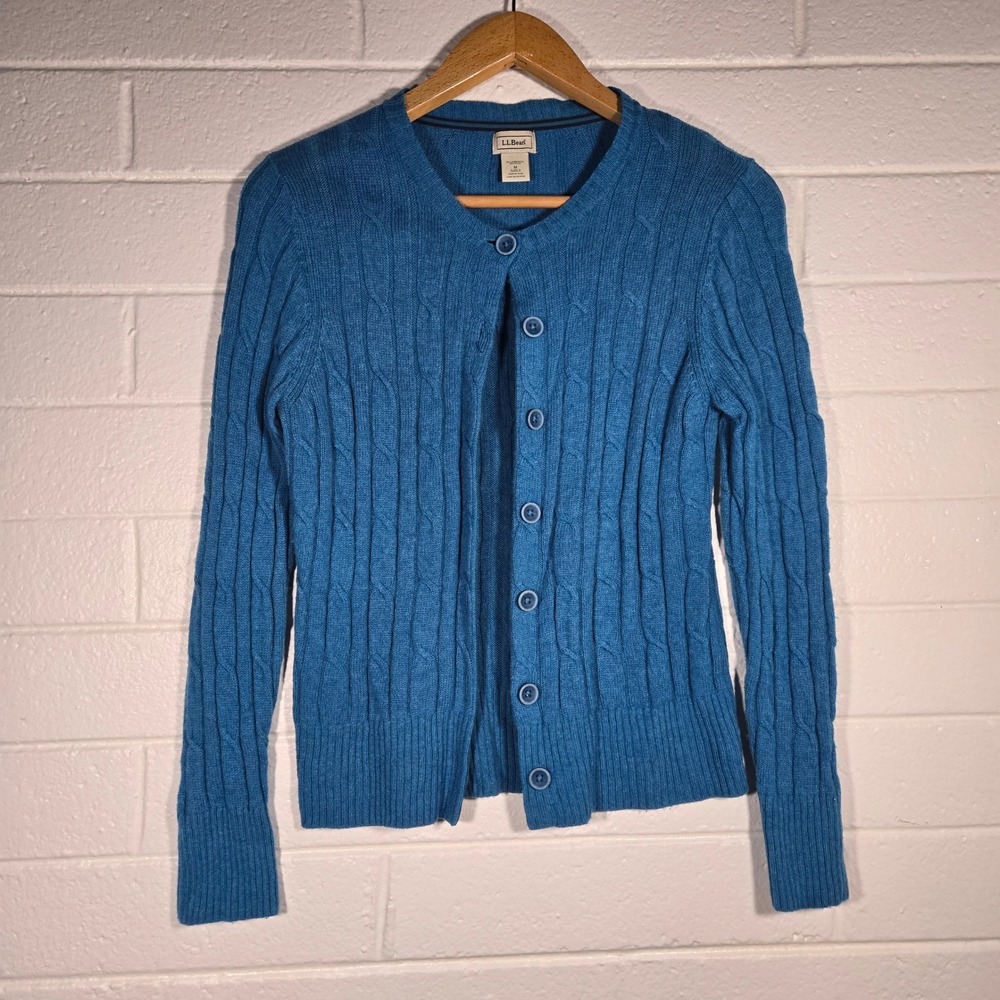 Vtg L.L. Bean‎ Blue Medium Cable Knit Cardigan Lambswool Nylon Oversized Cottage